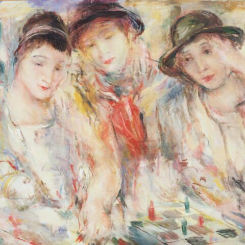 Картина Йоханнеса Гринберга "Втроем" - три женщины в шляпах сидят за столом.