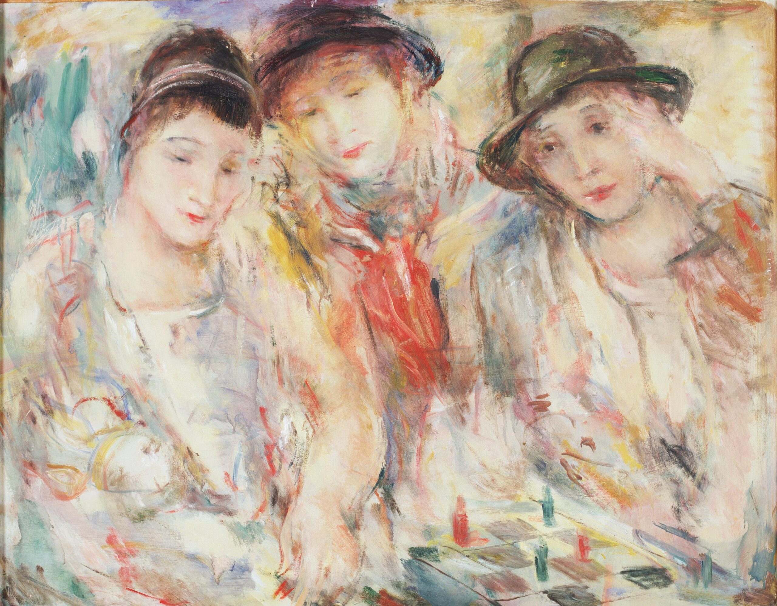 Картина Йоханнеса Гринберга "Втроем" - три женщины в шляпах сидят за столом.